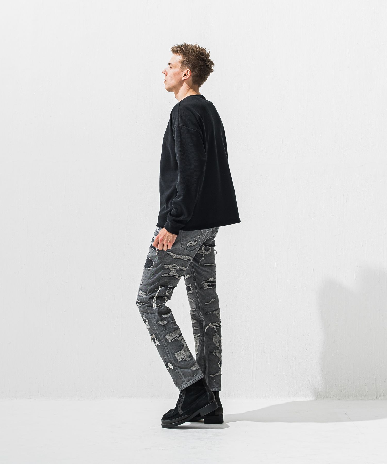 OVER HENRY VELOURS FLEECE THERMAL / 裏起毛 オーバーサイズ サーマル生地 ロングスリーブ ヘンリーネック (ブラック) (10月下旬入荷予定) ※オーダー締切:9月7日(月)17時