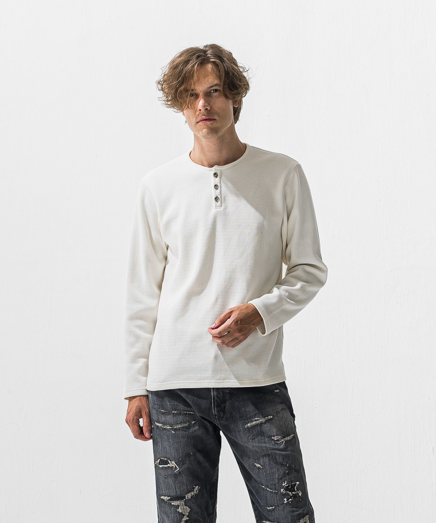 VELOURS FLEECE THERMAL HENRY / 裏起毛 サーマル生地 ロングスリーブ ヘンリーネック (ホワイト) (10月下旬入荷予定) ※オーダー締切:9月7日(月)17時