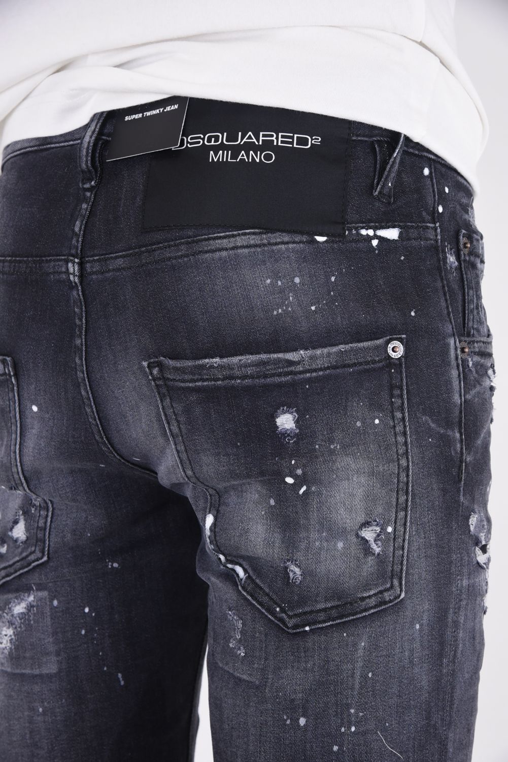 Black Ripped Wash D2 Mi Skinny Twinky Jeans / クラッシュ・リペア加工 フロントジップ  スーパーツインキージーンズ ブラック - 44
