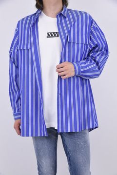 STRIPE LONG SLEEVES SHIRT / ストライプ ドロップショルダー オーバーサイズシャツ ブルー