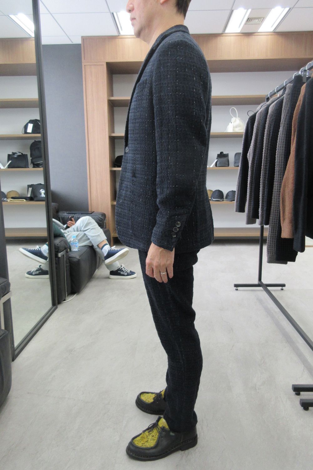 【26AW】【セットアップ】 LAME SQUARE JACQUARD JACKET / ファンシーツイード テーラードシングルジャケット&イージースラックス (ネイビー) (9月上旬入荷予定)