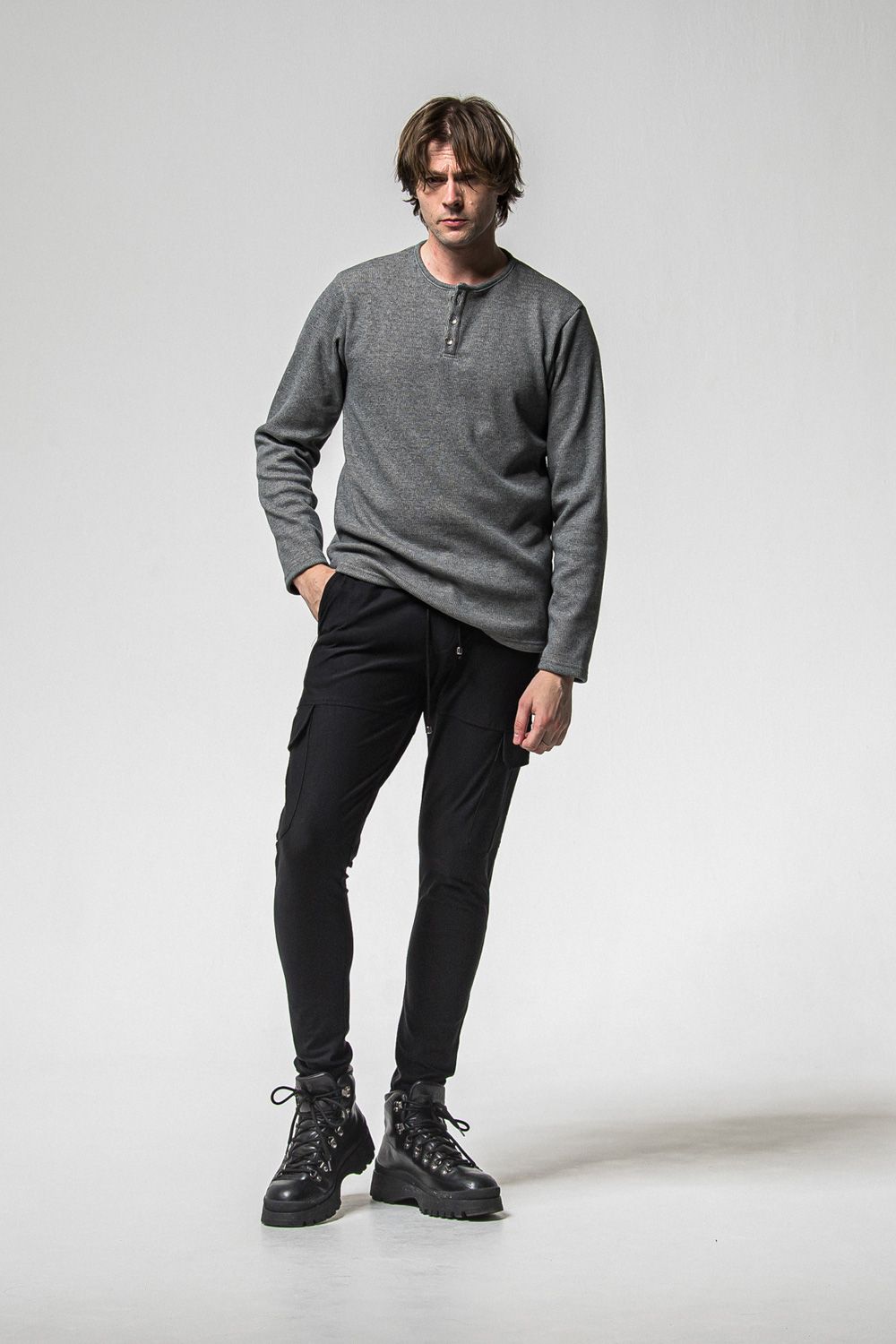 DARRELL HEAT CARGO PT / 【定番商品】 裏起毛 エコレザーサイドライン カーゴパンツ (ブラック) (11月上旬頃入荷予定) ※オーダー締切：9月1日(月)18:00