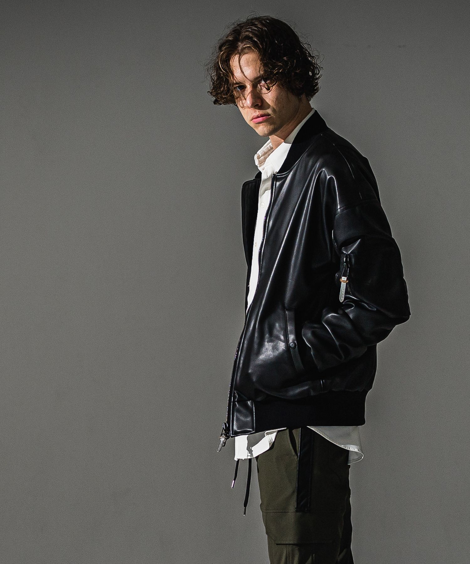 David JACKET / ドロップショルダー エコレザーフライトジャケット (ブラック) (9月末入荷予定) ※オーダー締切:5月23日(土)17時
