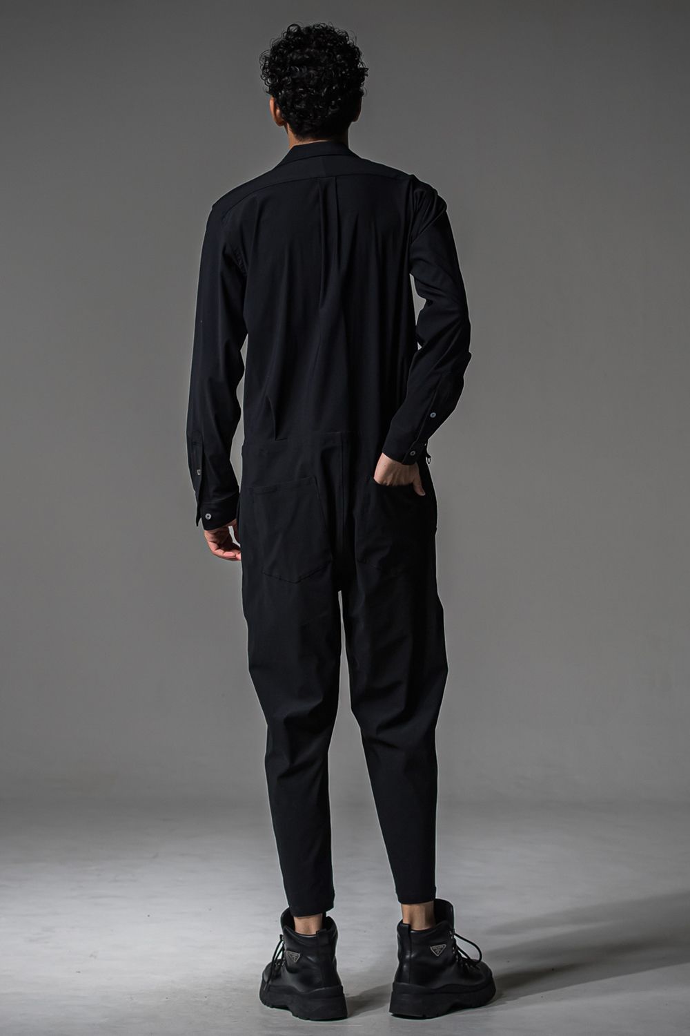 RAGE NYLON ALL IN ONE / ストレッチナイロン ロングスリーブ オープンカラーシャツ オールインワン (ブラック) (3月中旬入荷予定) ※オーダー締切12/13(土)17:00