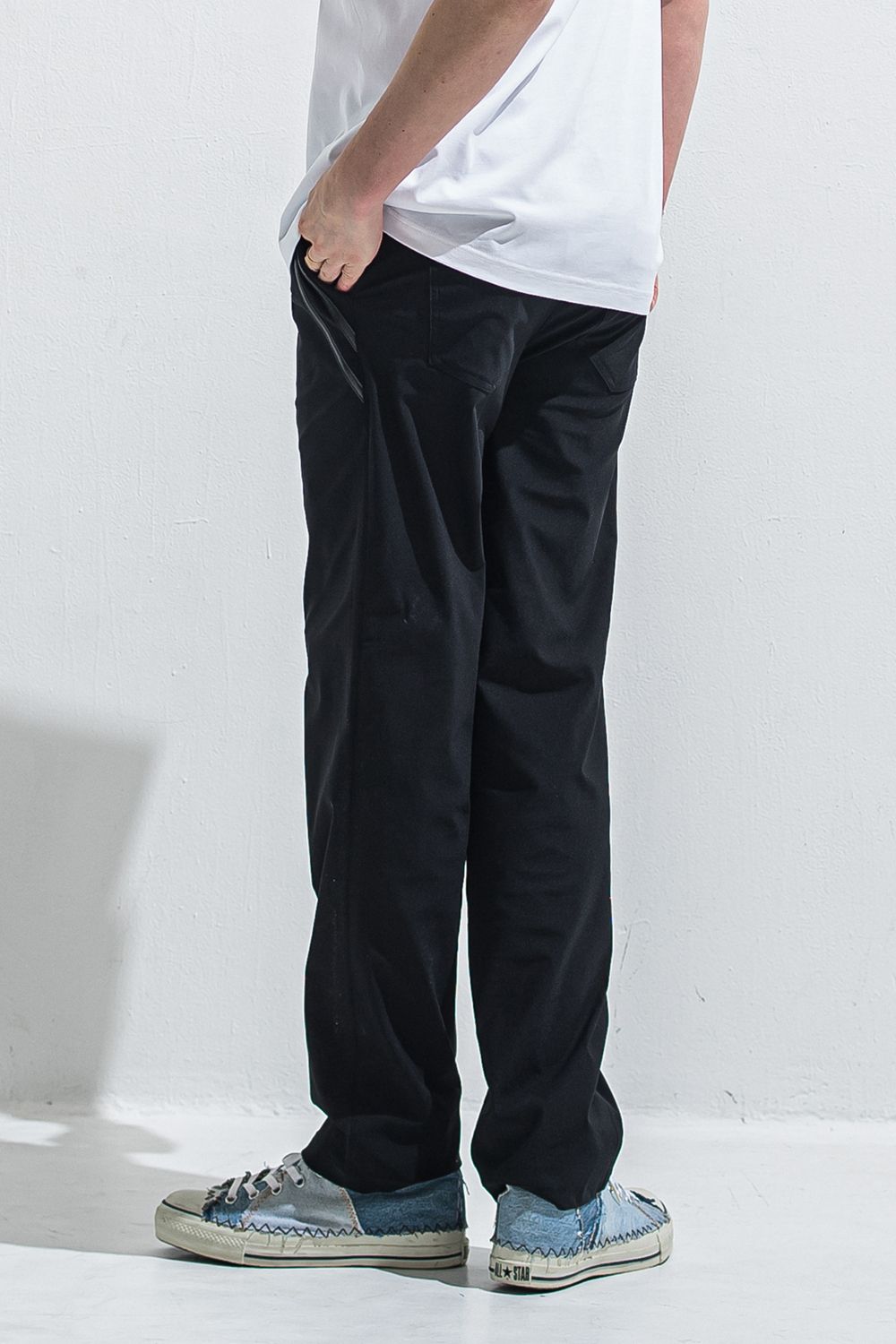 EDGE NYLON SEMI WIDE PT / ナイロンマイクロファイバー エコレザーライン セミワイド イージーパンツ (ブラック/ブラック) (4月末入荷予定) ※オーダー締切:2月15日(日)18時