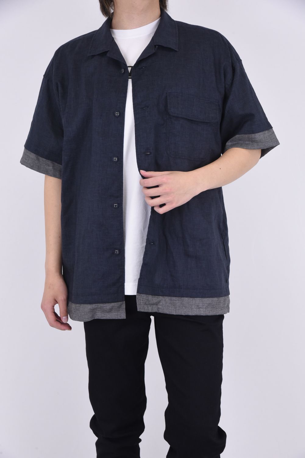 LAYERED HALF SLEEVES OPEN COLLAR SHIRT / レイヤード オープンカラー 半袖 シャツ チャコール