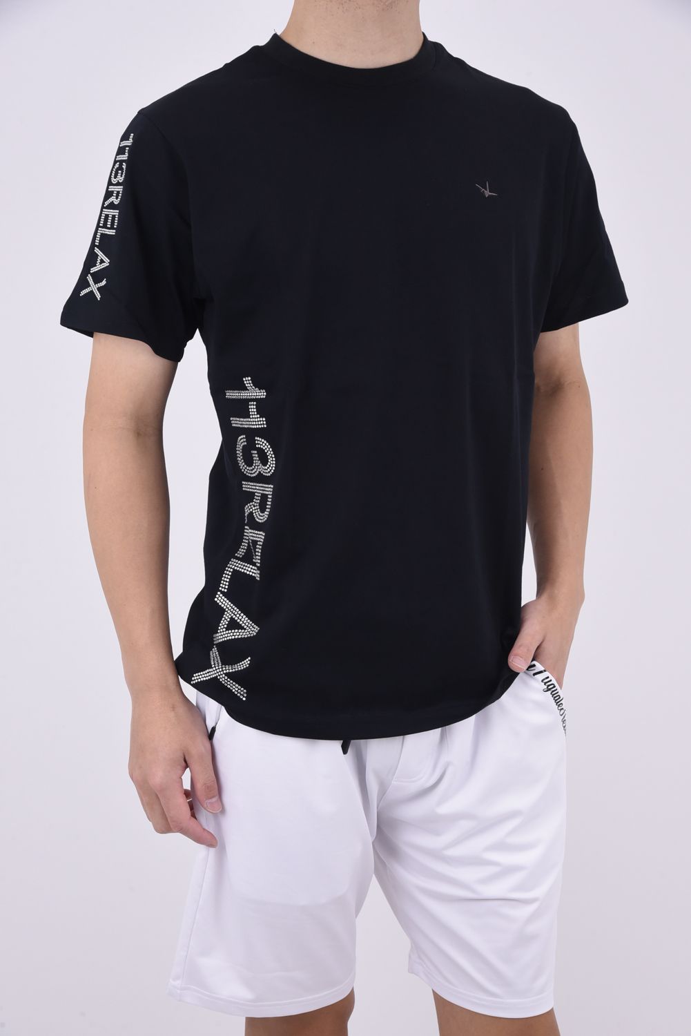 SIDE RHINESTONE T-SHIRT / サイドラインストーンロゴ クルーネックTシャツ ブラック