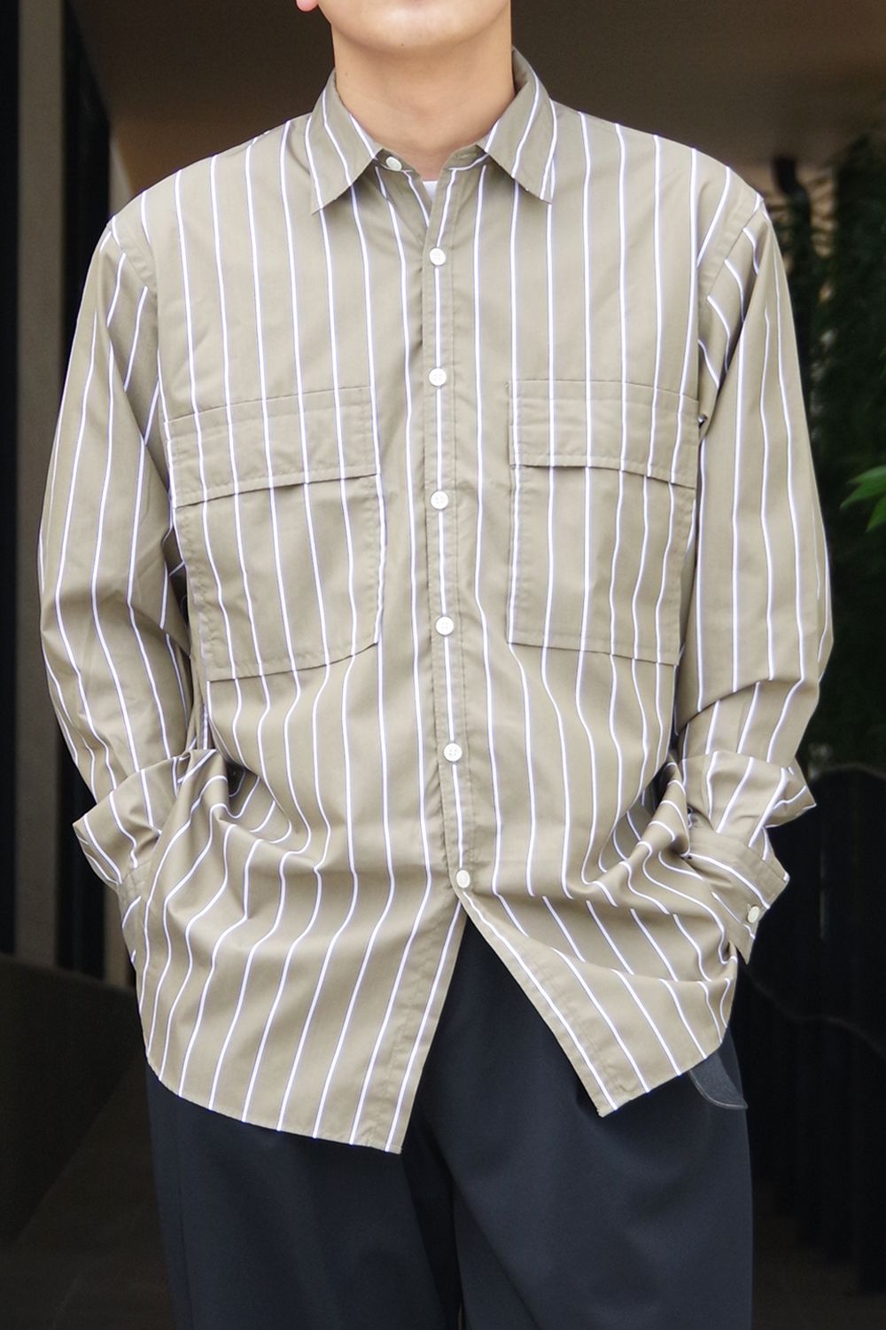 W POCKET SHIRT CP STRIPES / コットン / ポリエステル ダブルポケットシャツ カーキ