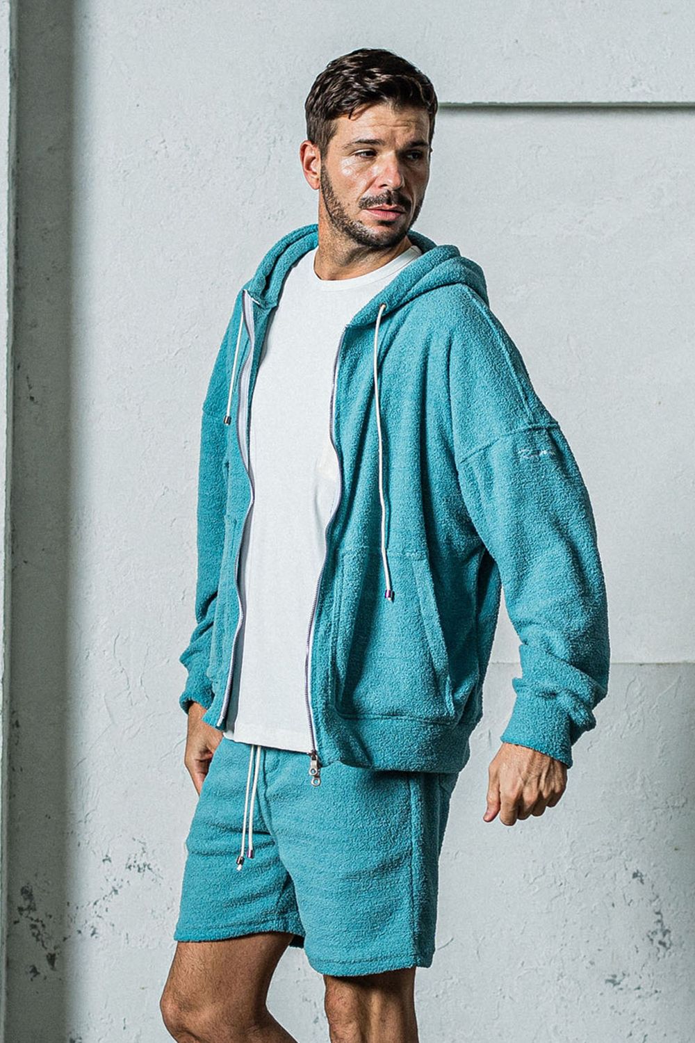 MOLE YARN PILE ZIP LOOSE HOODIE / モールパイル オーバーサイズ ジップアップパーカー ブルーグリーン