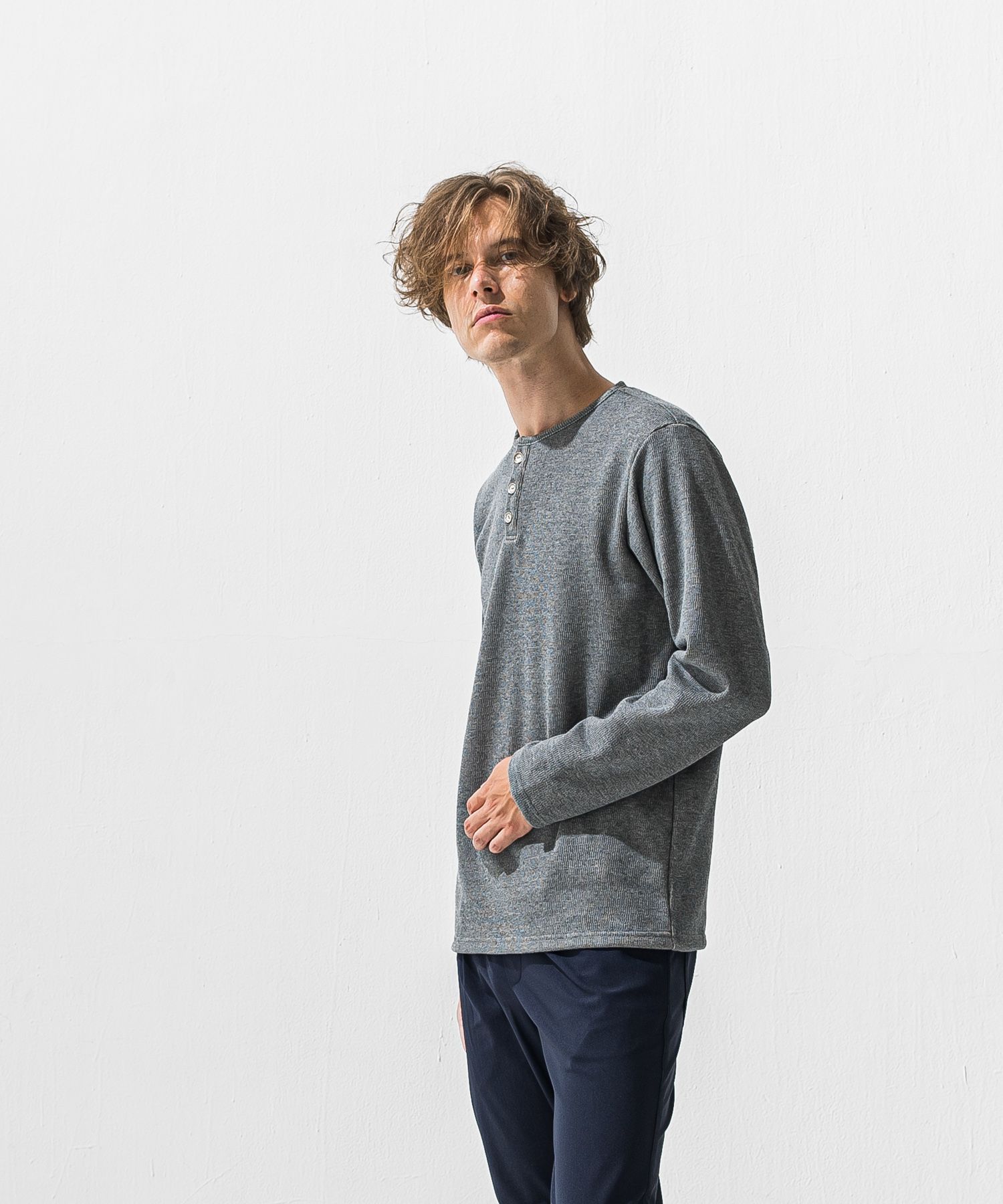 VELOURS FLEECE THERMAL HENRY / 裏起毛 サーマル生地 ロングスリーブ ヘンリーネック (グレー) (10月下旬入荷予定) ※オーダー締切:9月7日(月)17時