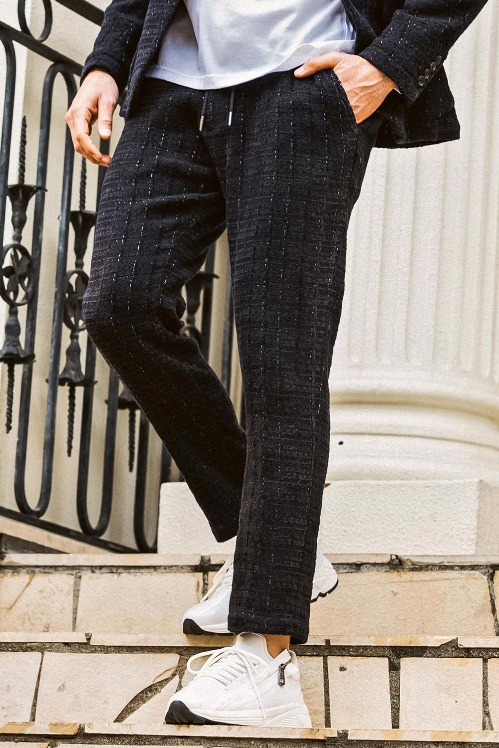 【26AW】【セットアップ】 LAME SQUARE JACQUARD JACKET & SLACKS / ファンシーツイード テーラードシングルジャケット&イージースラックス (ネイビー)