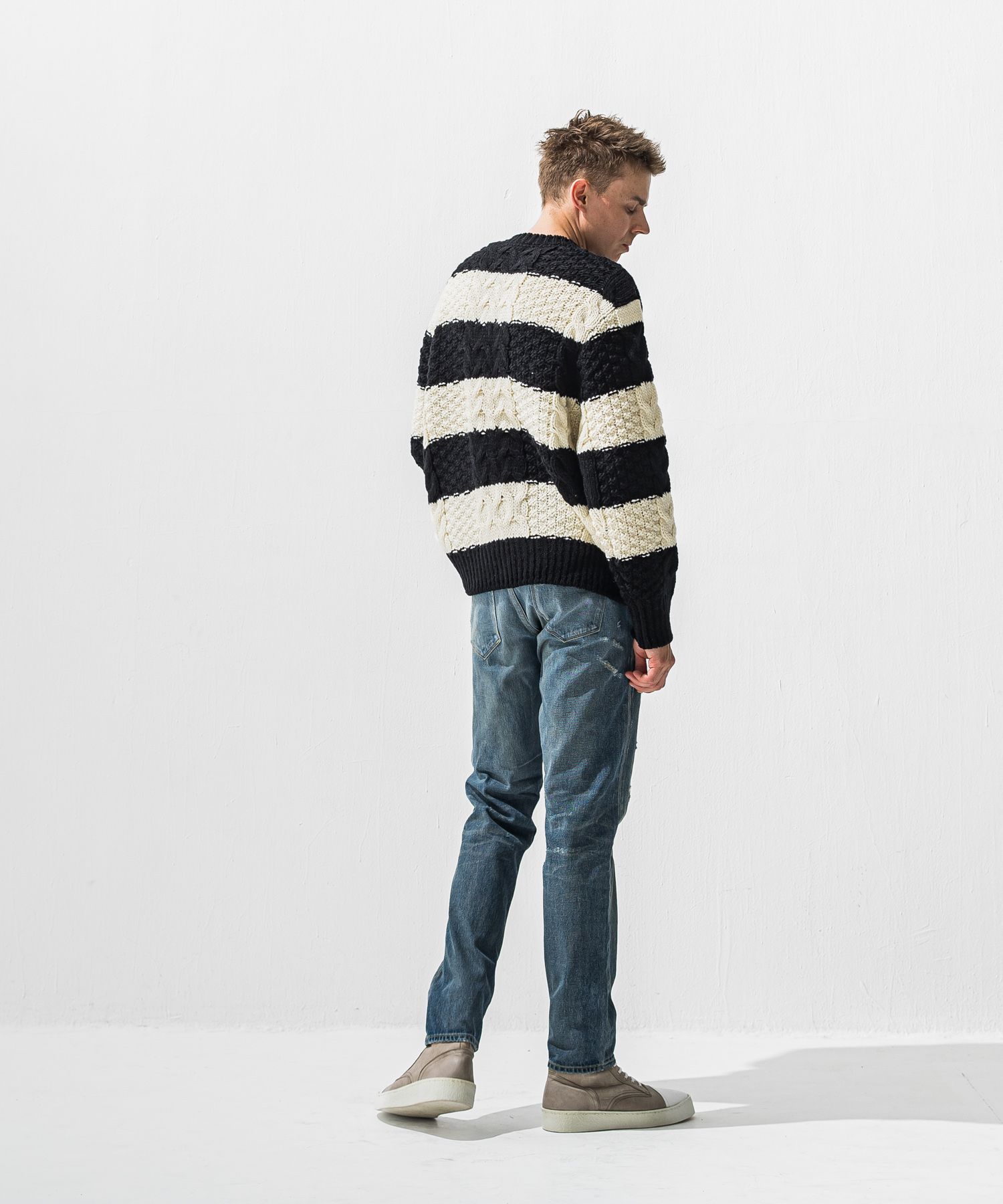 CABLE LAW SWEATER / ケーブル編み ローゲージセーター (ブラック/ホワイト) (10月下旬入荷予定) ※オーダー締切:9月7日(月)17時