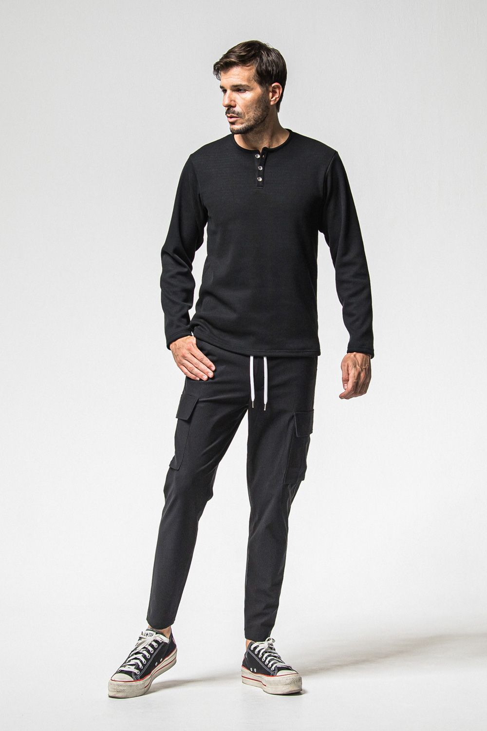 VELOURS FLEECE THERMAL HENRY / 裏起毛 サーマル生地 ロングスリーブ ヘンリーネック (ブラック) (10月中旬入荷予定) ※オーダー締切：9月1日(月)18:00