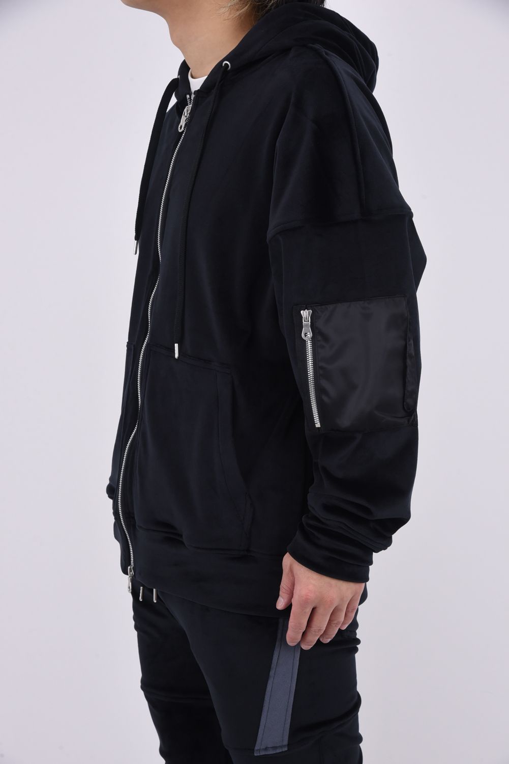VELOURSFLEECE ZIP LOOSE HOODIE / ベロアフリース ジップアップパーカー （ブラック）