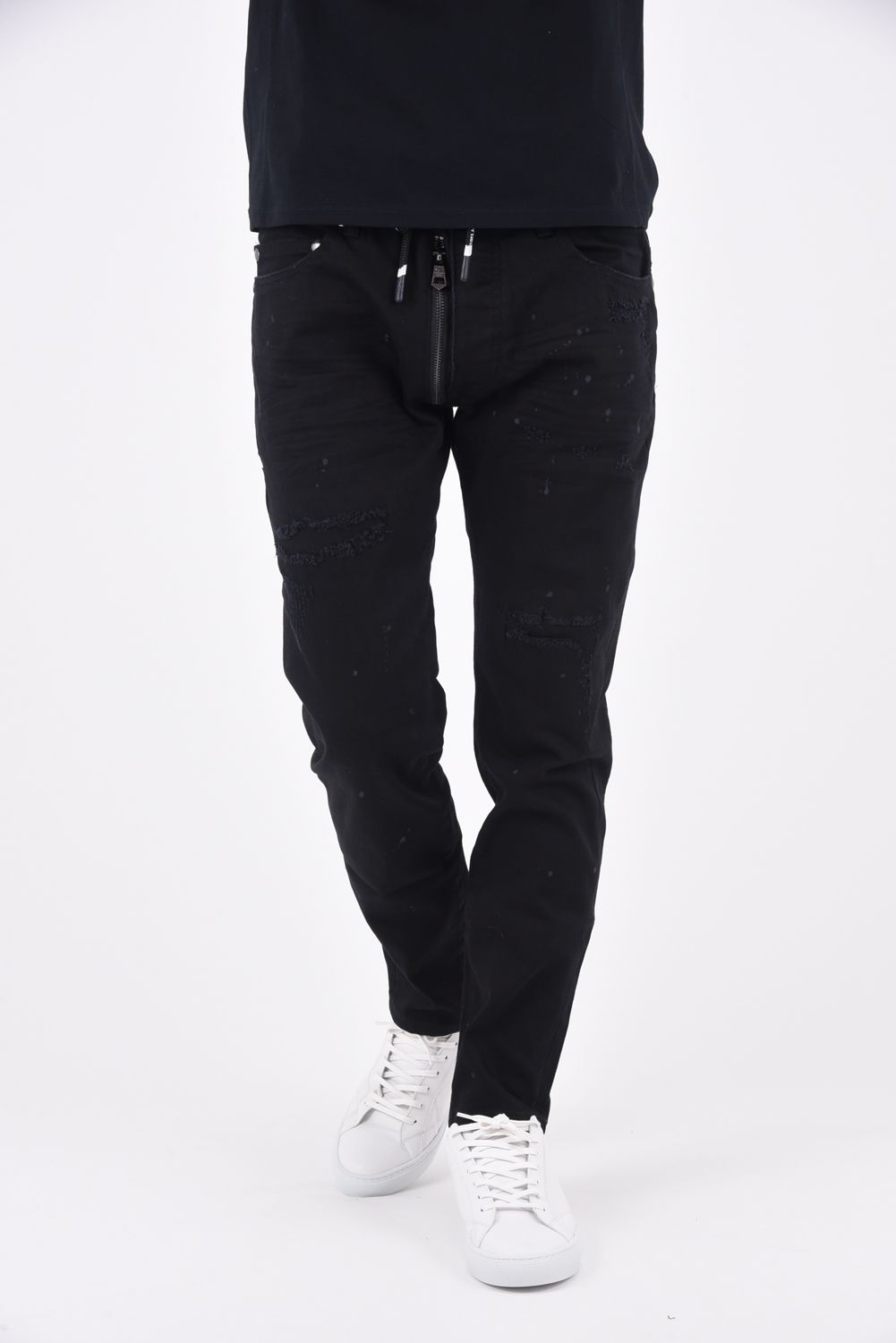 DENIM PANTS / フェイクファスナー ボタンフライ ダメージデニム ブラック