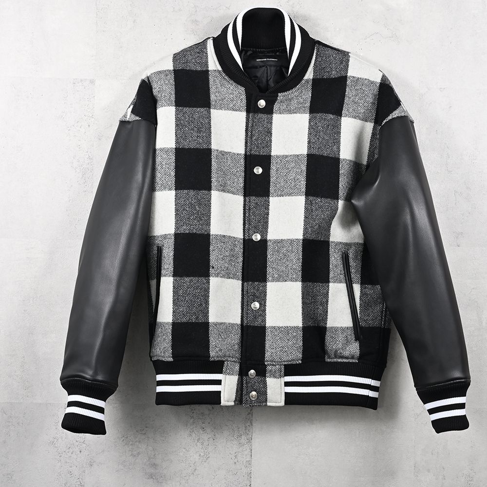 Varsity jacket / ブロックチェック エコレザースリーブ スタジャン (ブラック/ホワイト) (10月末入荷予定) ※オーダー締切:5月23日(土)17時