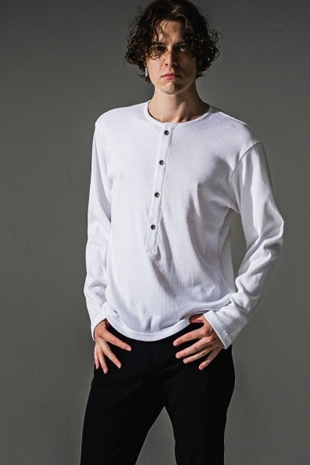 RIB HENRY LONGSLEAVE / ヘンリーネック リブニットロングスリーブTシャツ (ホワイト)
