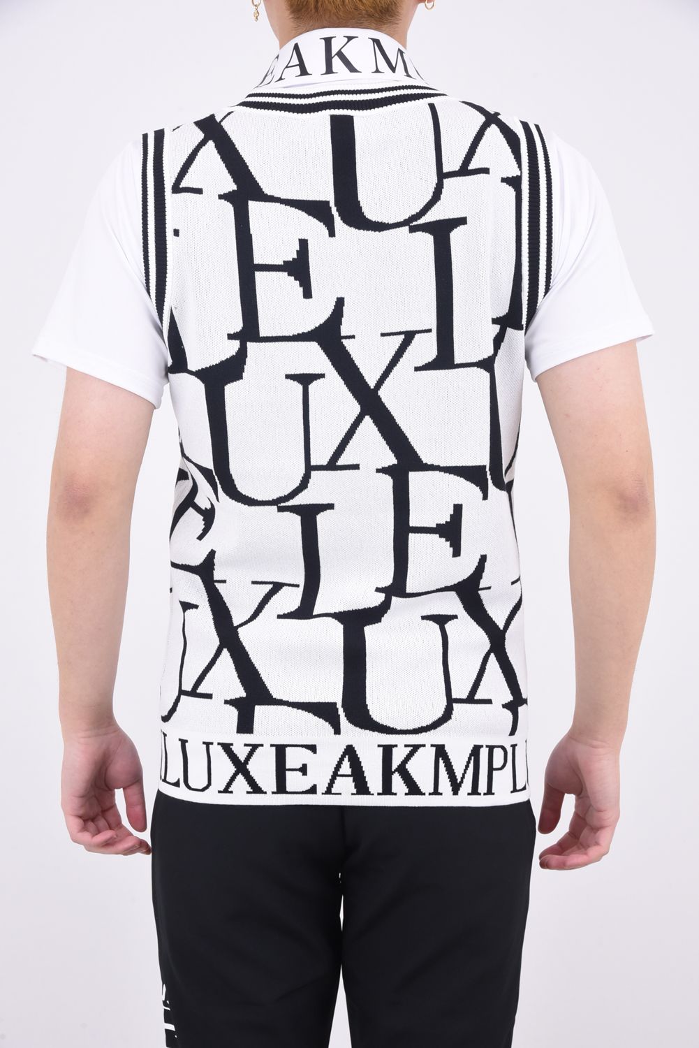 LUXE PATTERN NO SLEEVE KNIT /  総柄ロゴ Vネック ニットベスト ホワイト