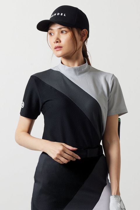 【レディース】 STRIPES SWITCH S/S MOCK NECK SHIRTS / ストライプグラデーション 半袖モックネックTシャツ (グレー/チャコール/ブラック)