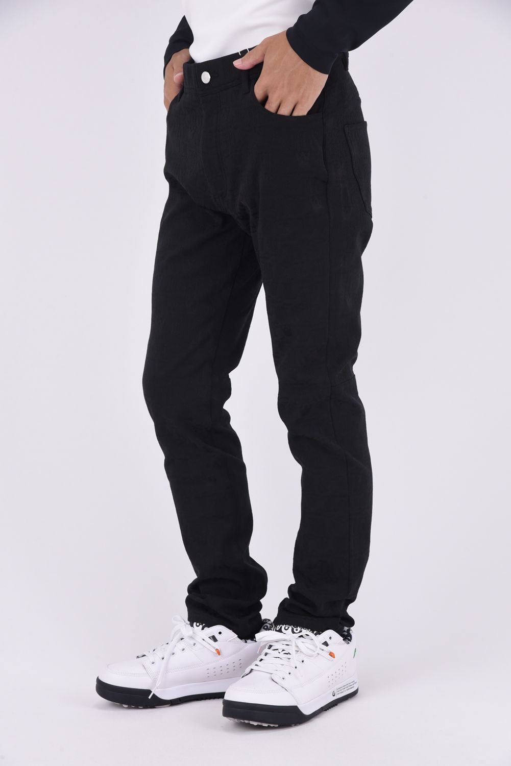 ESSENCE 4WAY STRECH PANTS / ジャガード ファイブポケット パンツ (ブラック)
