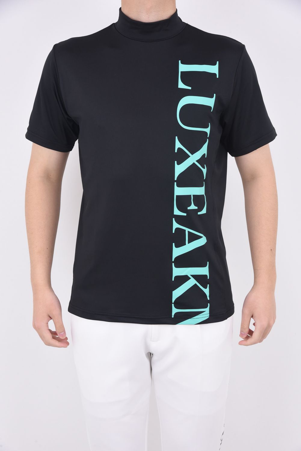 VERTICAL LOGO MOCK NECK T-SHIRTS / バーチカルロゴ モックネック Tシャツ (ブラック/ブルー)
