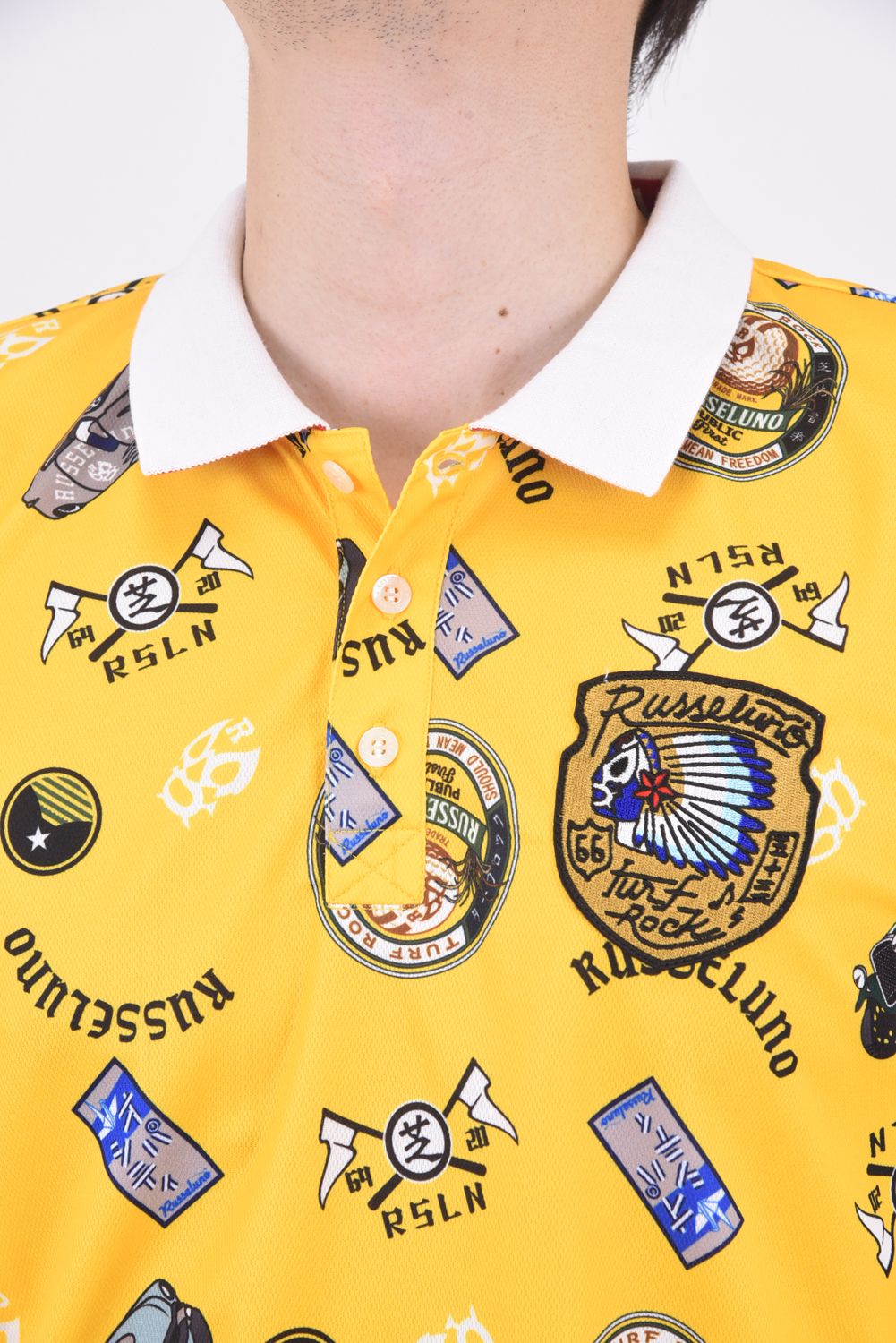 RETRO PATTERN POLO / 総柄プリント ポロシャツ イエロー