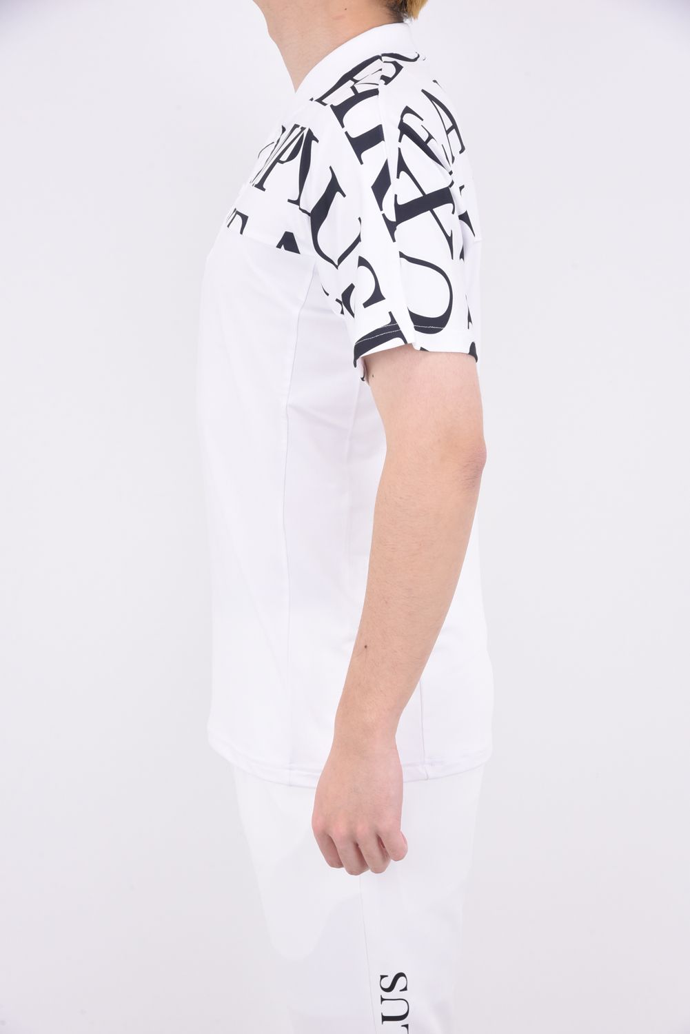 HORIZONTAL PATTERN SHORT COLLAR POLO SHIRTS / ノーカラー 半袖ポロシャツ ホワイト