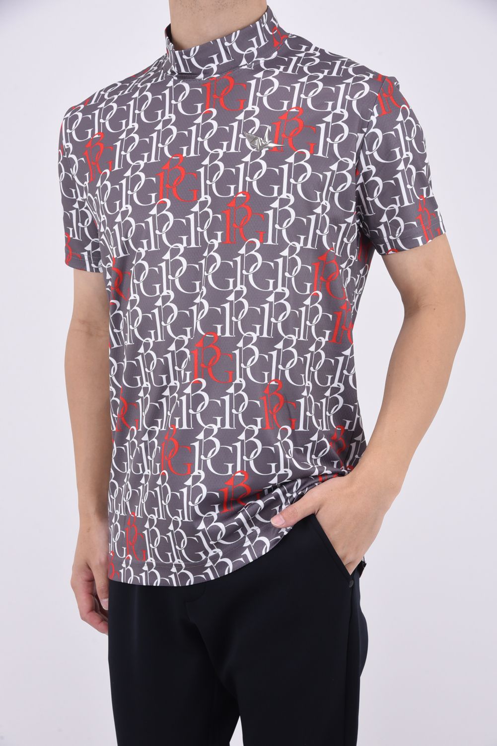 SS MOCK 113G / 113総柄ロゴ 半袖 モックネック Tシャツ (グレー)
