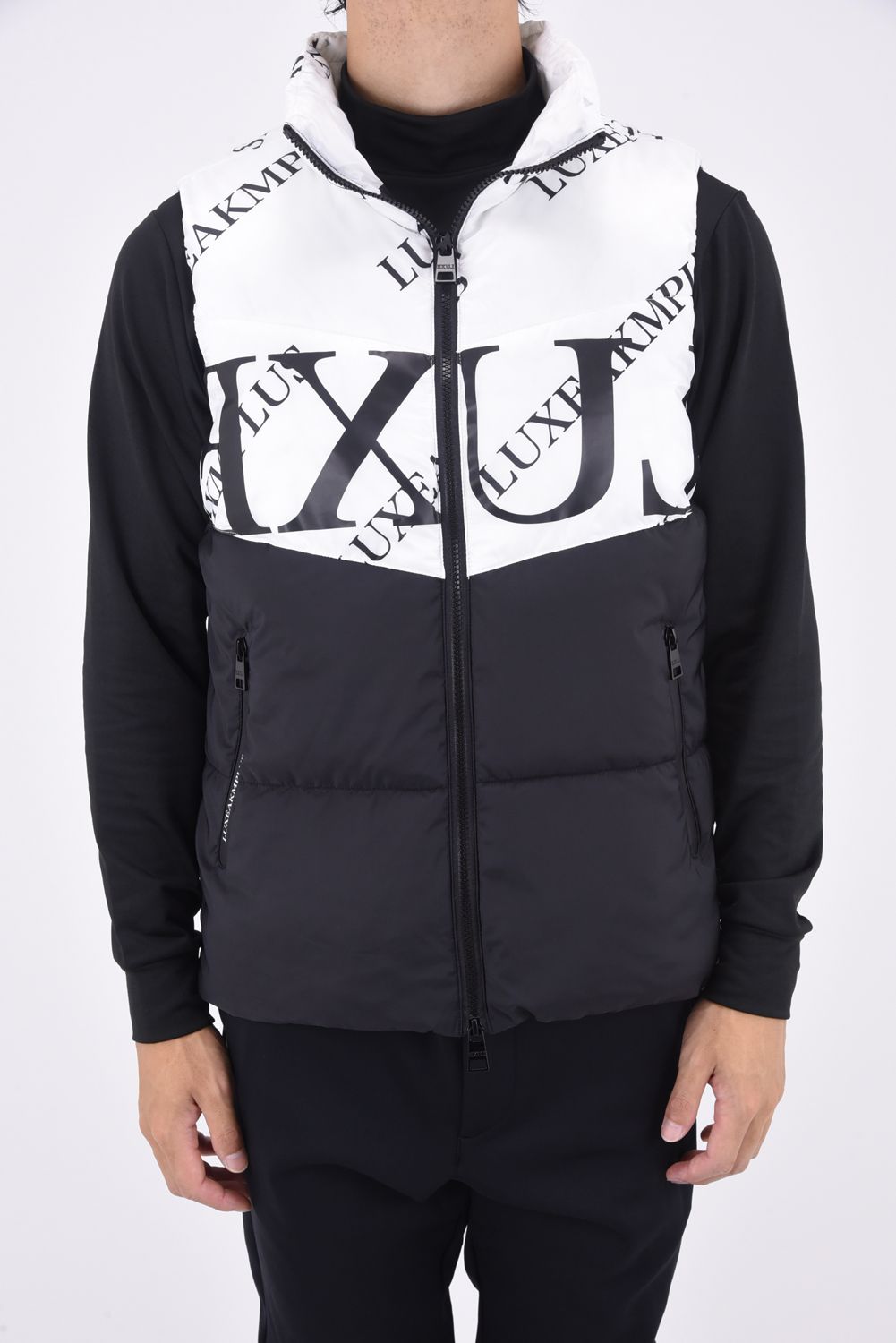 BICOLOR CIRCLE LOGO VEST / バイカラー 総柄 中綿ベスト (ホワイト/ブラック)