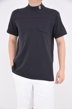 BACK LOGO S/S MOCK NECK SHIRT（SOLID) / 6ホールアイレットデザイン ハイネック ダブルニット ブラック
