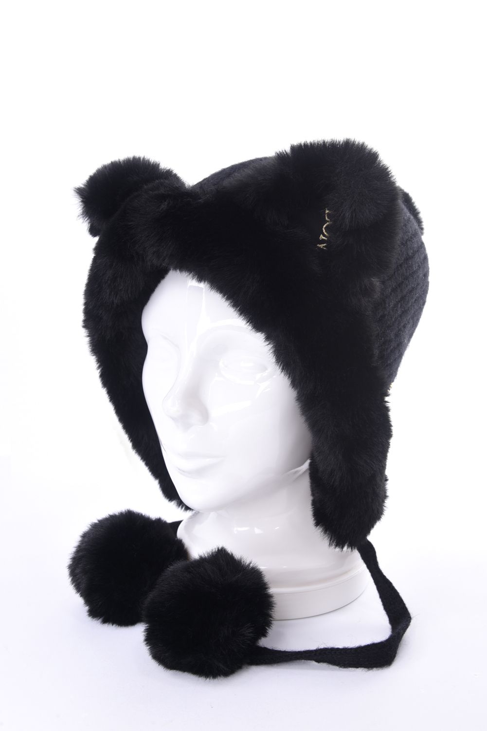 JENNIE FUR KNIT CAP / エコファー梵天 ニット キャップ (ブラック)