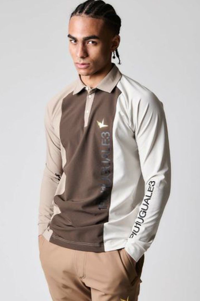 1PIU1UGUALE3 GOLF - STRIPE SWITCH POLO L/S / ロゴ ストライプ  