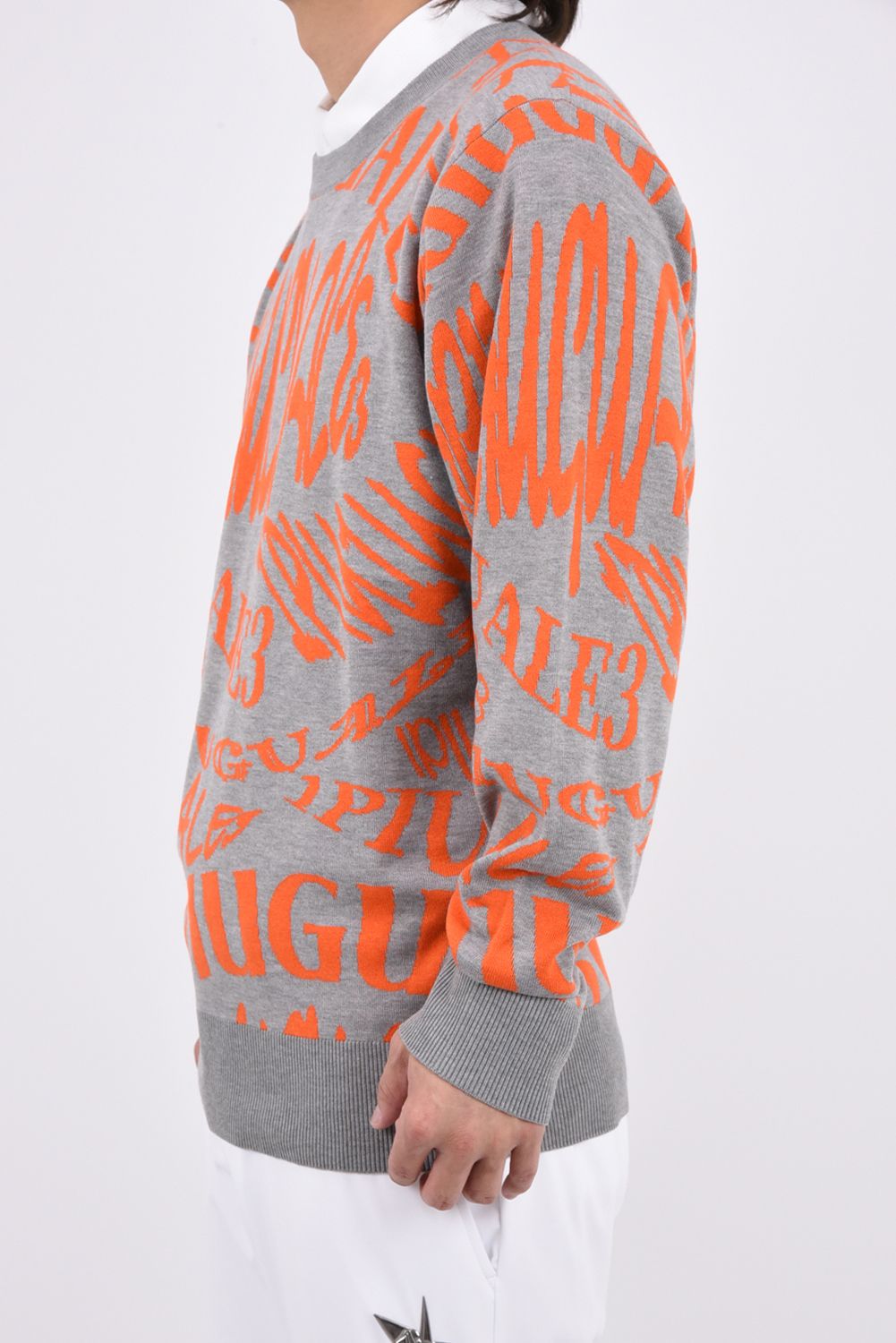 【26AW】 JACQUARD KNIT CREW MELTING LETTER / ロゴジャカード総柄 クルーネックニット (グレー)