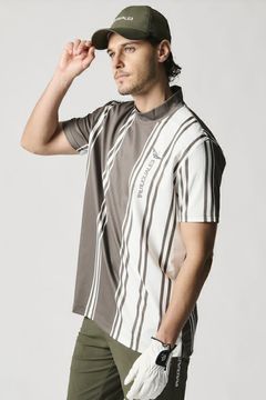 【25SS】 113 GOLF S/S MOCK NECK STRIPE / ダブルメッシュニット ストライプ モックネックシャツ  (カーキ)