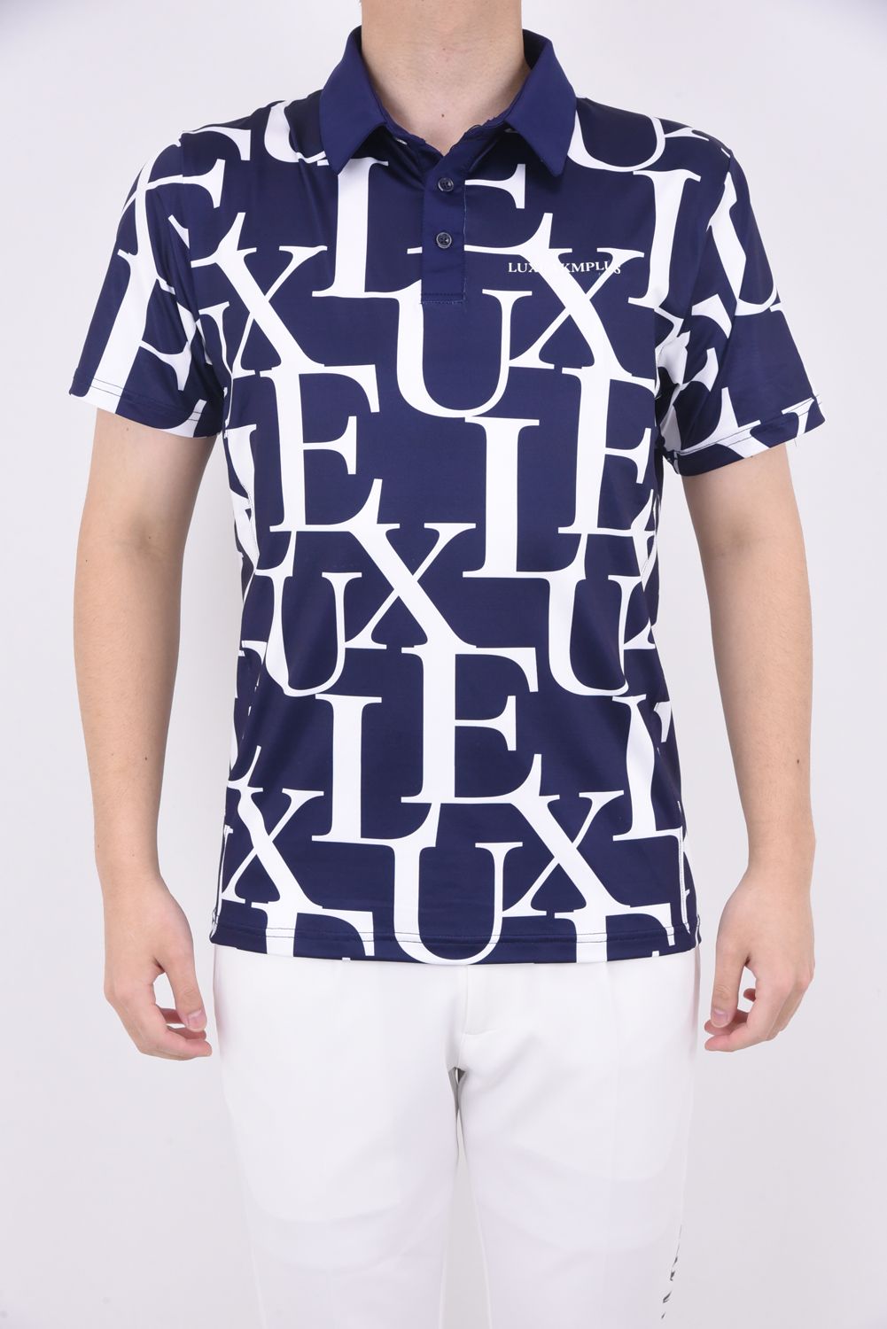 LUXE PATTERN POLO SHIRTS / 総柄ロゴ 半袖ポロシャツ ネイビー