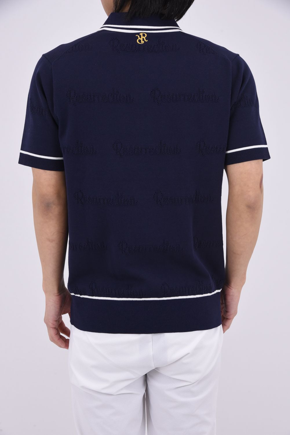 【26SS】 MESH LOGO KNIT POLO / メッシュ編み ライン ニットポロシャツ (ネイビー)*