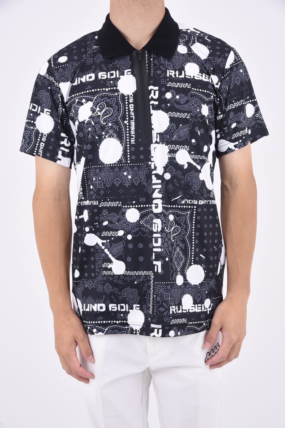 ZIP UP POLO SHIRT / バンダナ柄プリント ポロシャツ ブラック