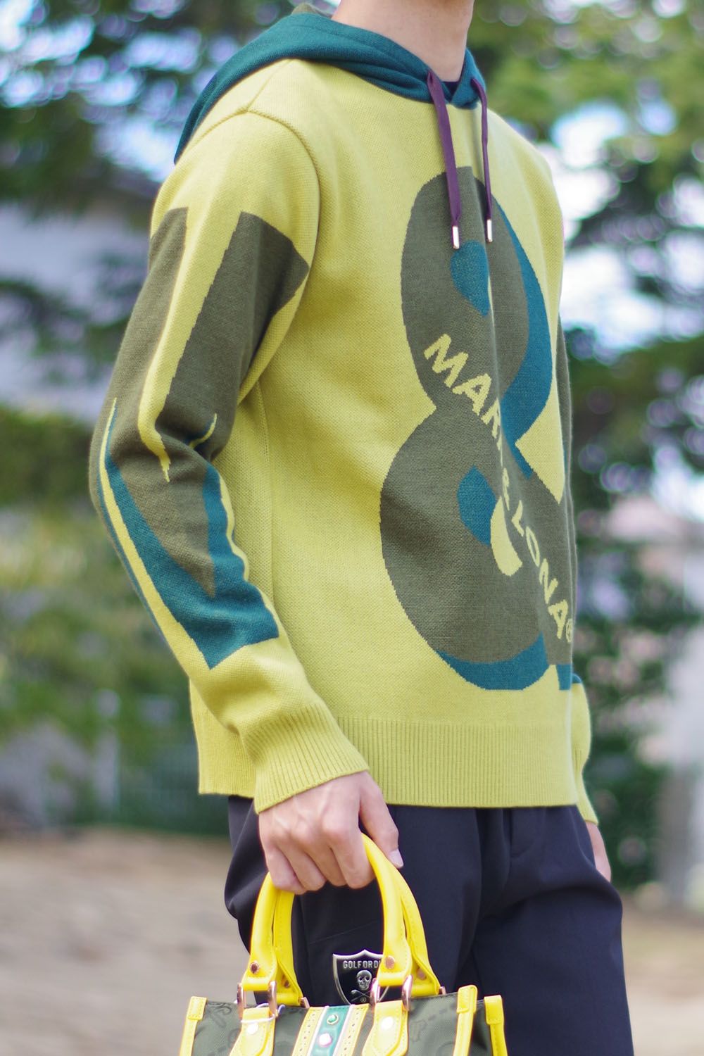 MARK&LONA - AND KNIT HOODIE / 3D調ロゴジャカード バイカラー ニット 