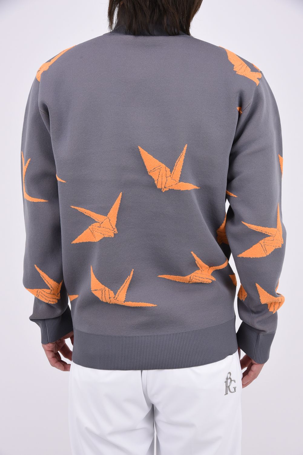 【26AW】 JACQUARD HALF-ZIP KNIT DANCING CRANE / 折鶴ジャガード ハーフジップニット (グレー)