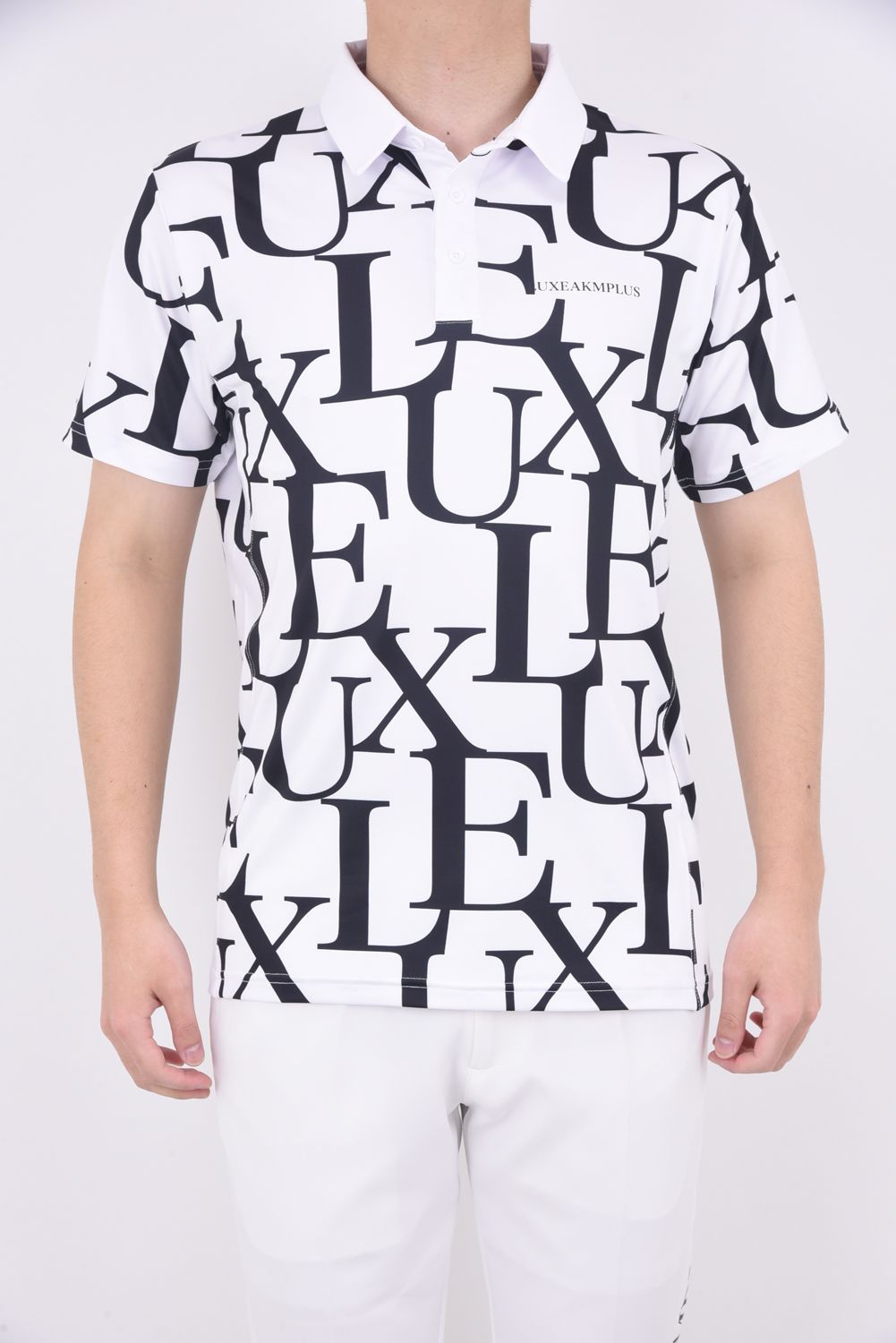 LUXE PATTERN POLO SHIRTS / 総柄ロゴ 半袖ポロシャツ ホワイト