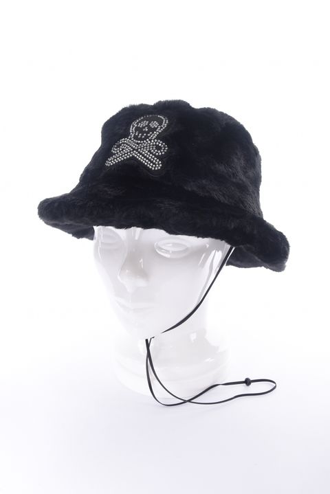 SPECTRA FAUX FUR BUCKET HAT / エコファー ラインストーン スカルワッペン バケットハット (ブラック)