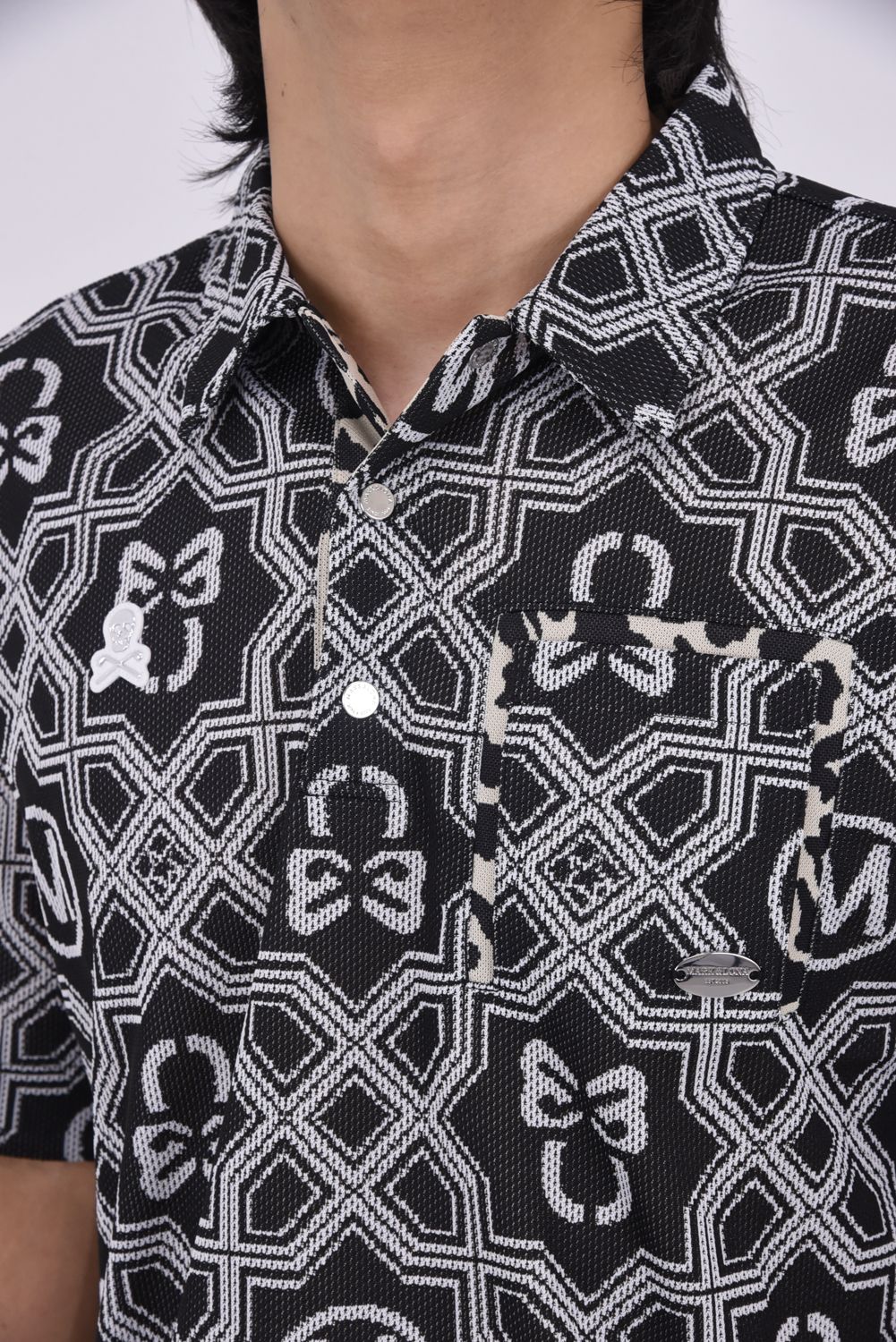 【26SS】 DOMINANT MESH SHIRT / ジオメトリックパターン総柄 ジャパンメイド メッシュポロシャツ (ブラック)