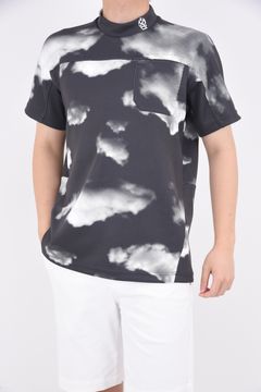 BACK LOGO S/S MOCK NECK SHIRT（CLOUD) / 6ホールアイレットデザイン ハイネック ダブルニット ブラック