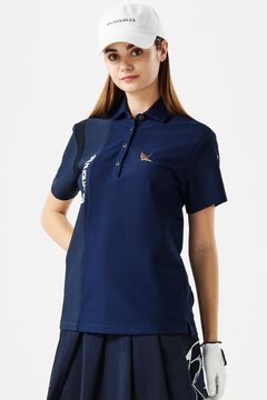 【MID SUMMER COLLECTION】 【レディース】 SS POLO STRIPE SWITCH / ブランドロゴ ストライプ メッシュ 半袖ポロシャツ (ネイビー)