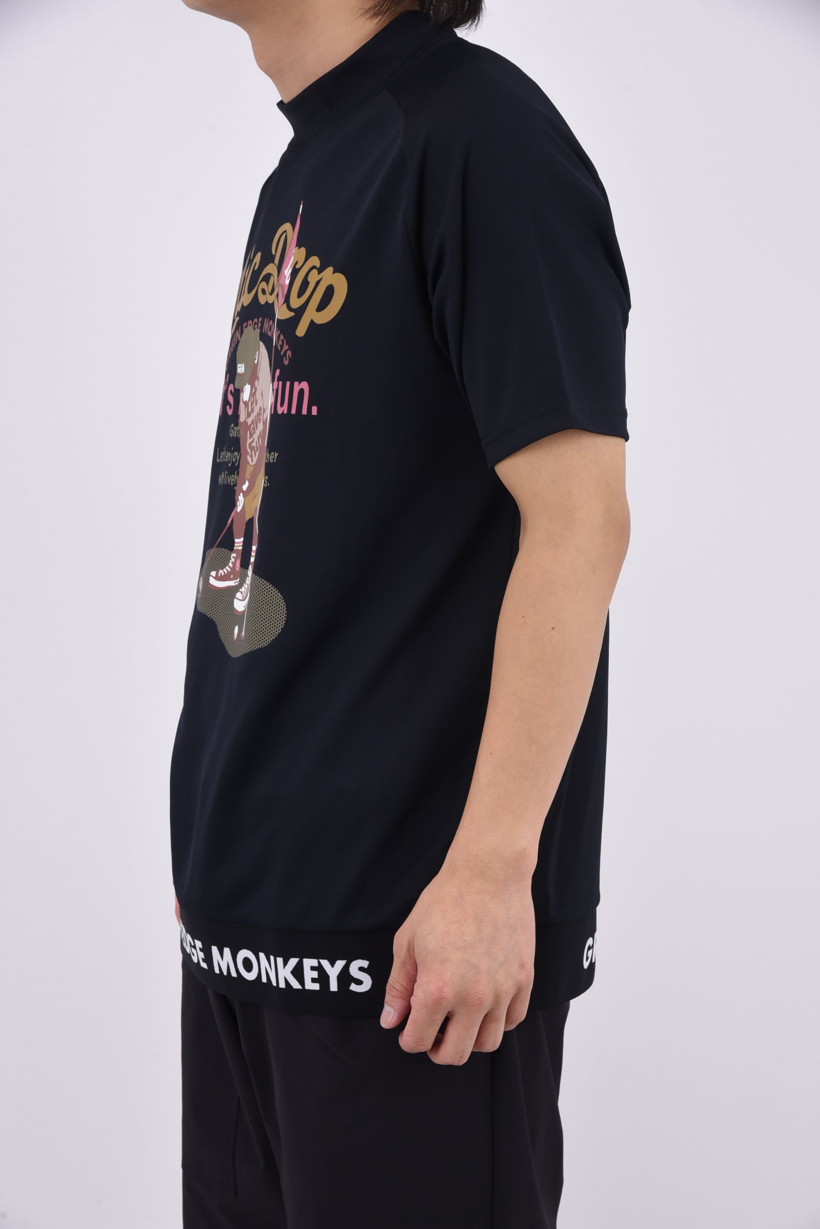 【26SS】 RIBBED HEM MOCK NECK / モンキーデザインプリント ヘムリブ モックネックTシャツ (ブラック)
