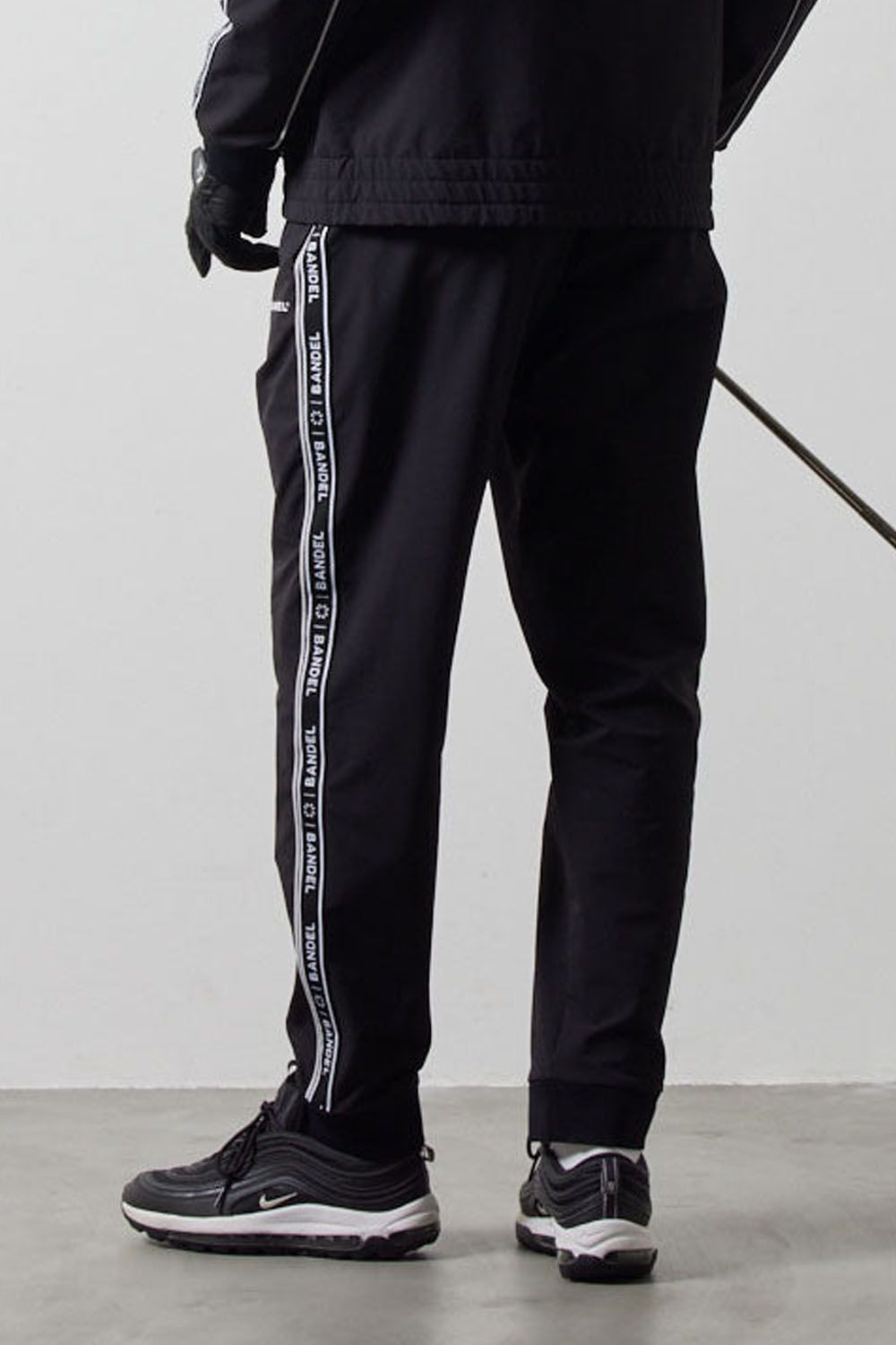 WATER REPELLENT PIPING LONGPANTS / 4WAY ストレッチ 撥水素材 ロゴテープ ロングパンツ (ブラック)