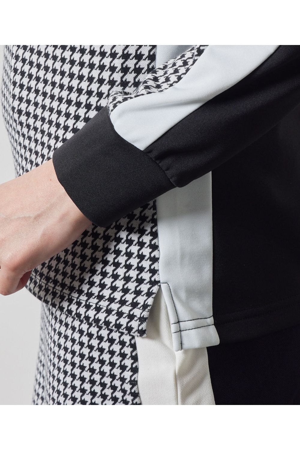 【レディース】 HOUNDSTOOTH BICOLOR L/S MOC SHIRTS / 千鳥格子柄 バイカラー ロングスリーブ モックネックシャツ (ブラック)