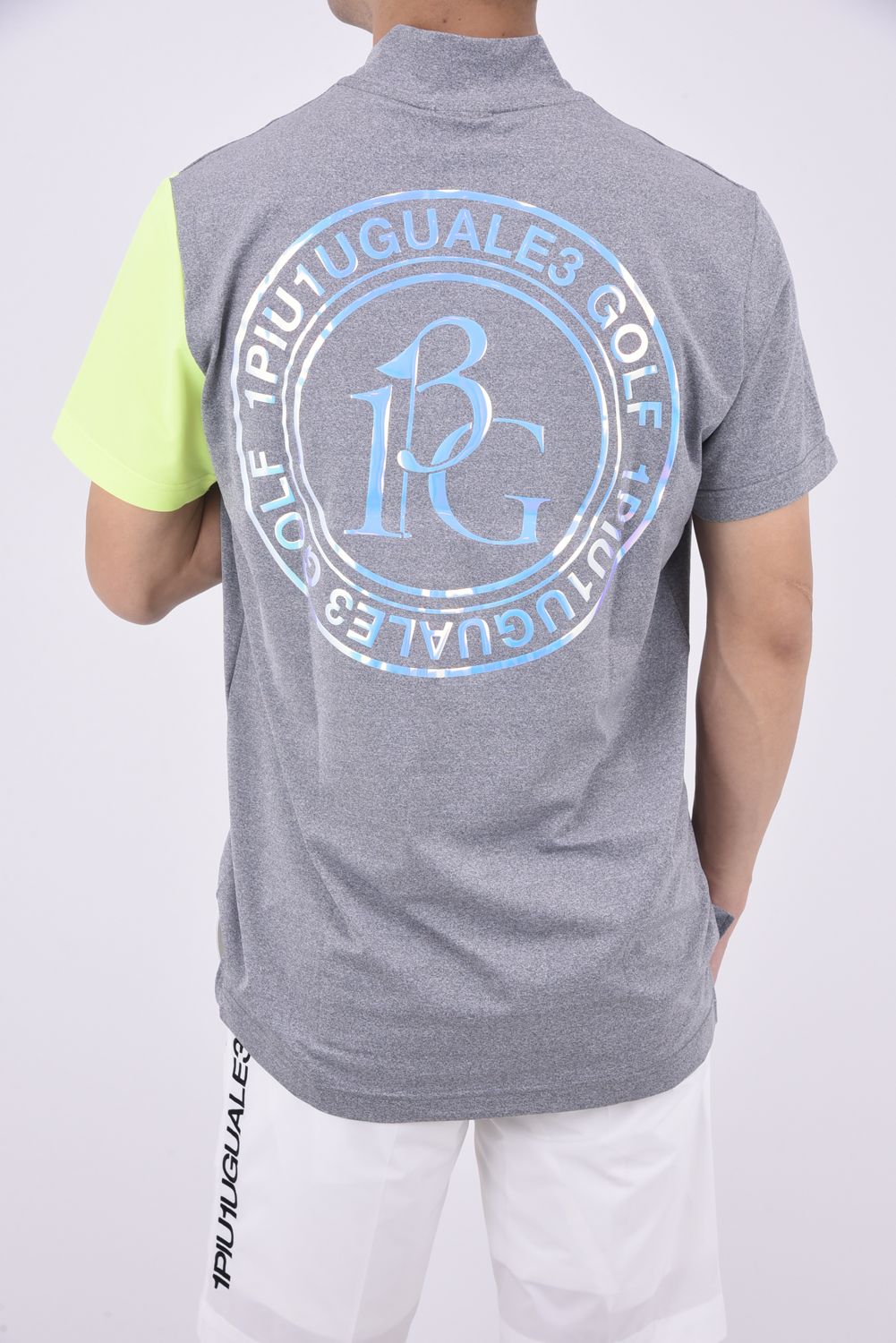 CRAZY BACK CIRCLE MOCK / クレイジーパターン バック サークルロゴ 半袖 モックネック Tシャツ (グレー/イエロー)