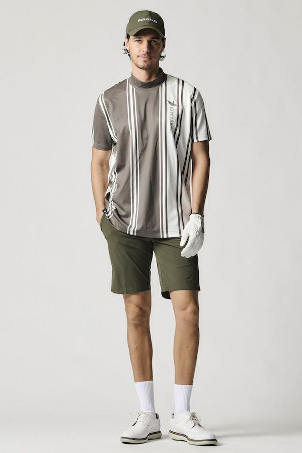 【25SS】 113 GOLF S/S MOCK NECK STRIPE / ダブルメッシュニット ストライプ モックネックシャツ  (カーキ)