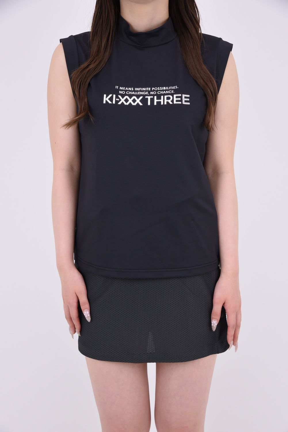 【ポイント10倍】 【26SS】【レディース】 DOT MESH NS MOCK TEE / ドットメッシュ生地 3Dブランドロゴ ノースリーブ モックネックTシャツ (ブラック)